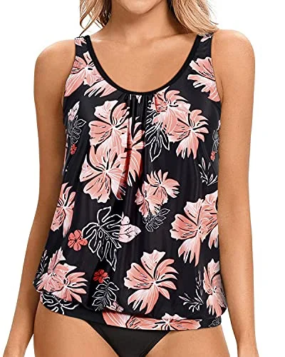 Modest Scoop Neck Tankini Top Soft Bra Padding For Women Swimwear-Black Orange Floral