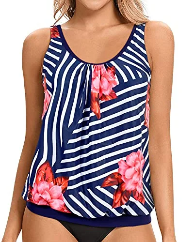 Flattering Black Blouson Bathing Suit Top For Women-Blue Floral