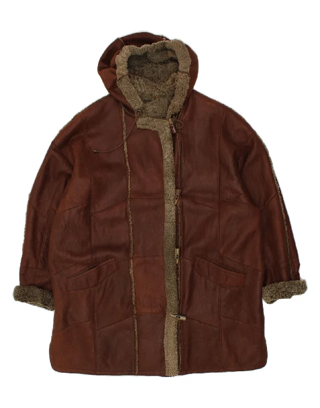 CHRIST Womens Hooded Shearling Coat UK 16 Large Brown Leather