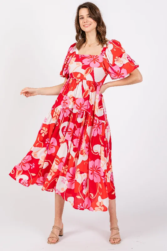 Red Floral Tiered Puff Sleeve Midi Dress