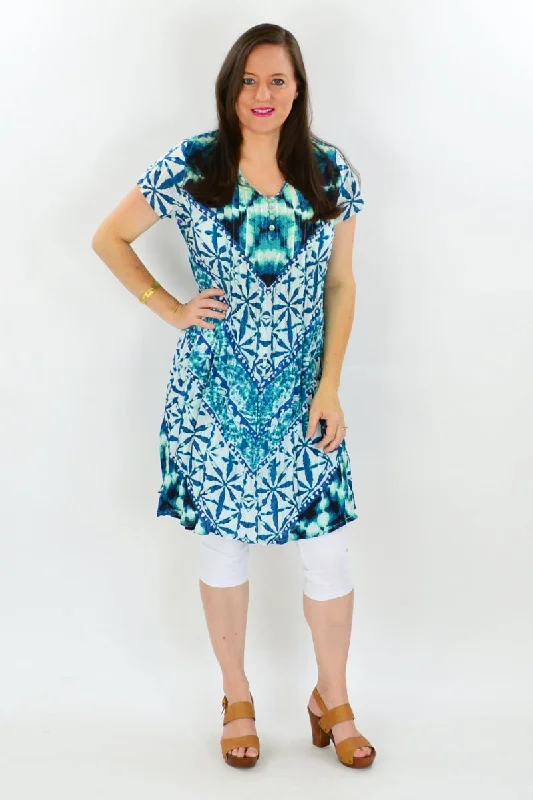 Aqua Print Cotton Tunic Dress