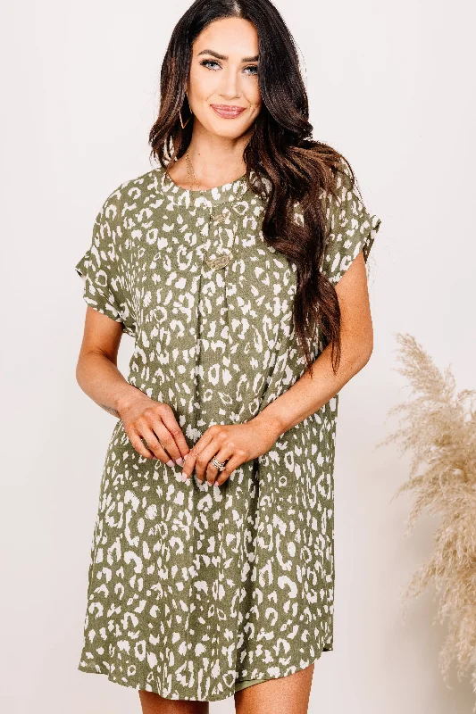 Looking Forward Olive Green Leopard Shift Dress