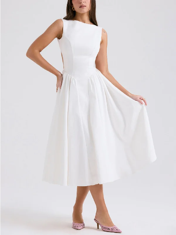 Stylish And Elegant Solid Color Trendy Round Neck Backless Sleeveless Midi Dress