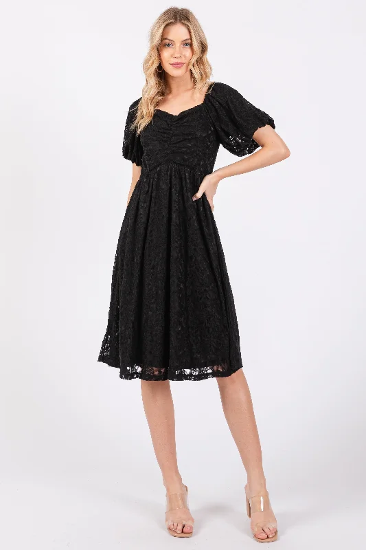 Black Lace Puff Sleeve Dress