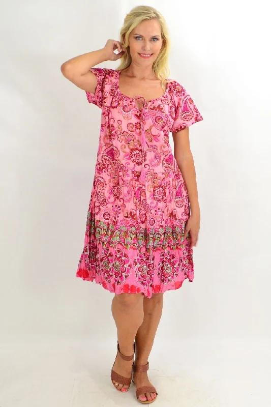 Pink Crinkle Cotton Paisley Floral Tunic Dress