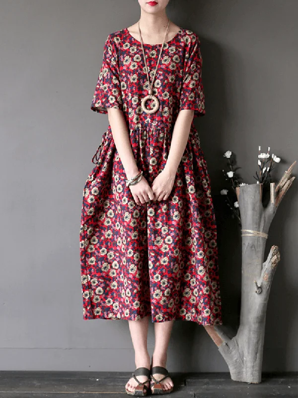 Vintage Floral Printed Short Sleeve Women Dress