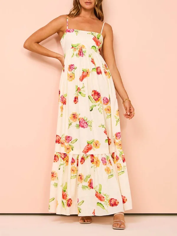 Unique Floral Print Halter Graceful Backless Extra Maxi Dress