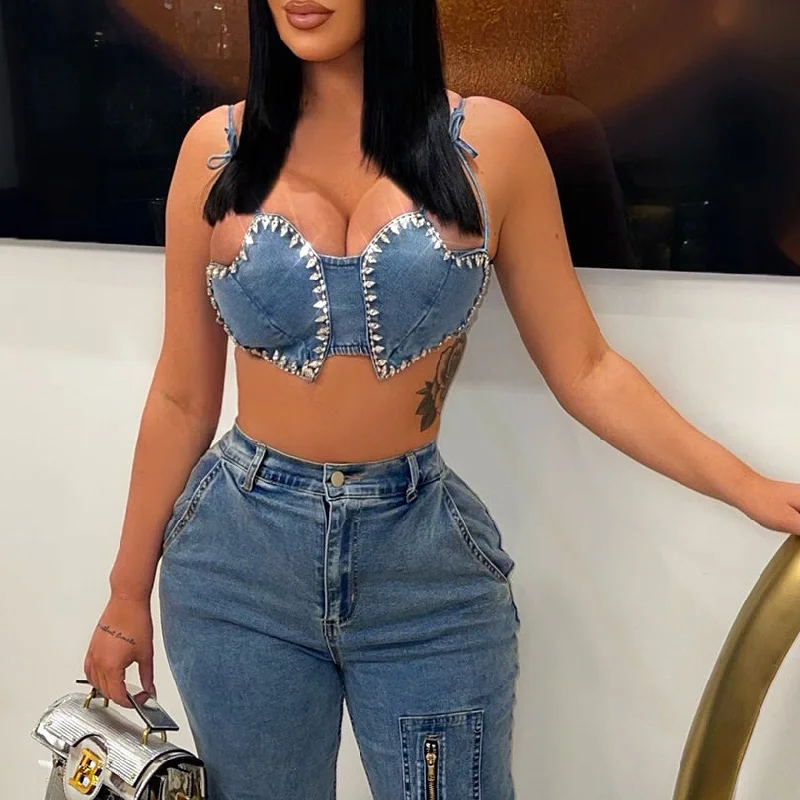 Fashion Diamond Denim Sling Irregular Crop Tops Wholesale Women'S Top