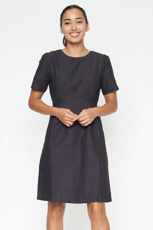 Round Neck Short Sleeve Solid Midi Dress With Zipper Back* (845-00635)