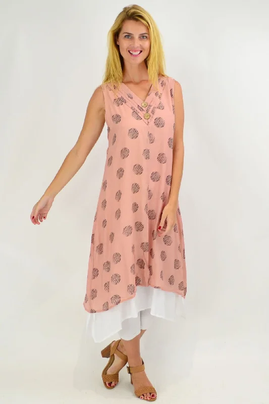 Sleeveless Dusty Pink Dots Overlay Tunic Dress