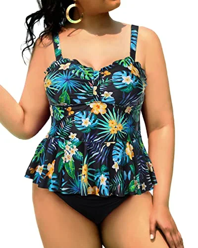 Scalloped Tankini Swimsuits Plus Size High Waisted Tummy Control Peplum Swimwear