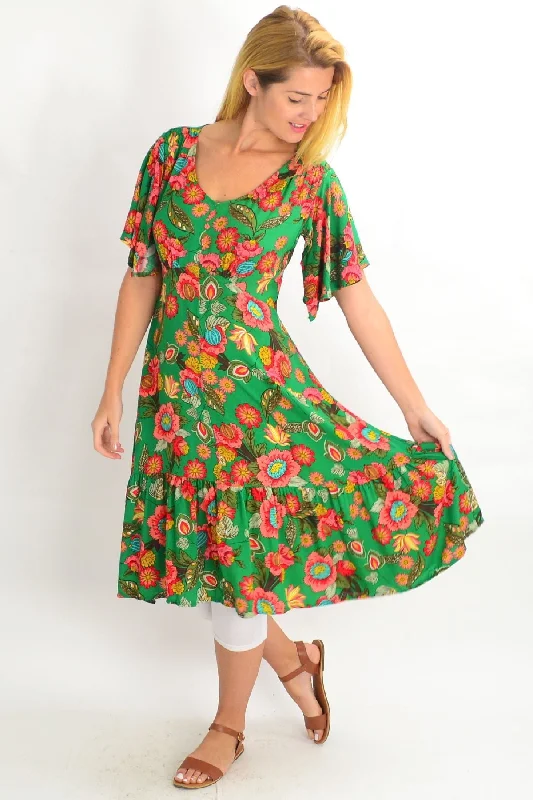 Green Floaty Flower Flutter Sleeve Tunic Dress