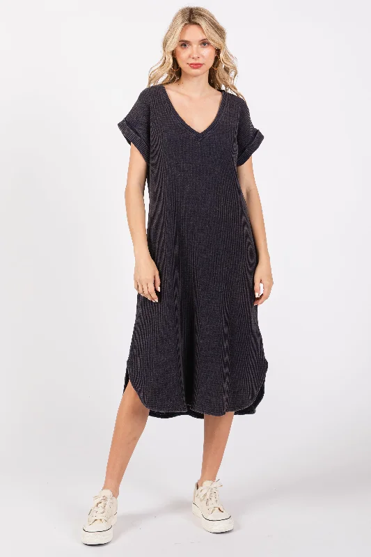 Navy Blue Waffle Knit Short Sleeve Dress