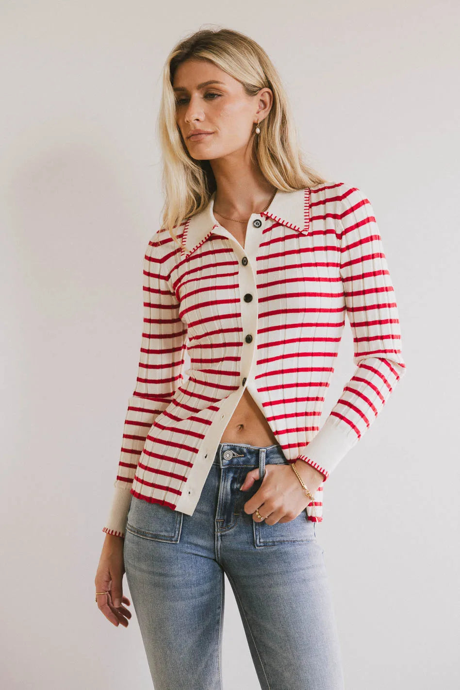 Harrison Striped Collared Top in Red