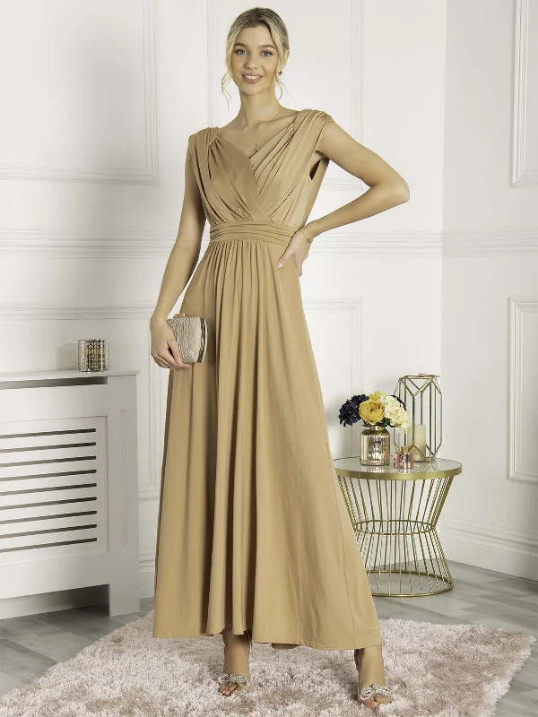 Plunge V Neck Draped Maxi Dress, Nude