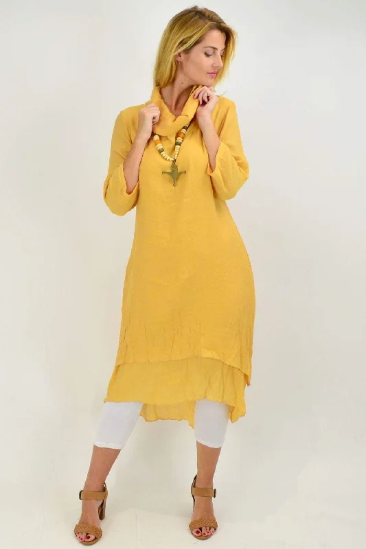 Mustard Cowl Neck Tunic Dress