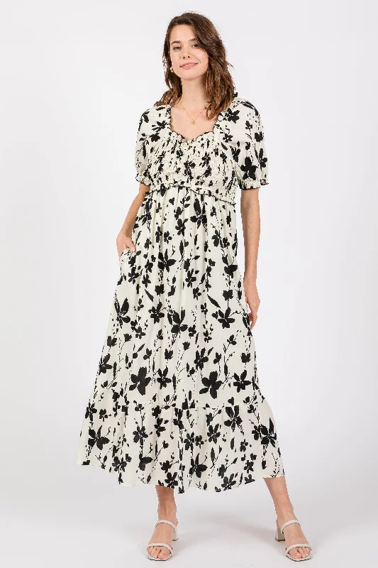 Cream Floral Puff Sleeve Midi Dress