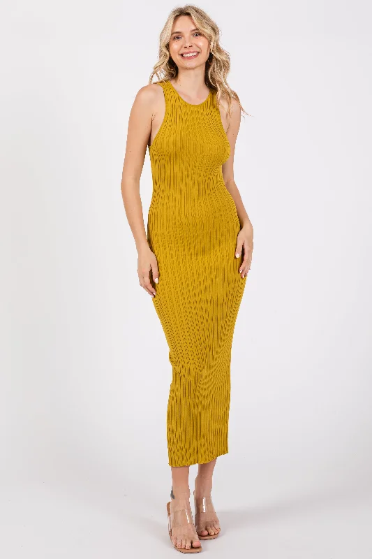 Yellow Ribbed Sleeveless Back Slit Midi Dress