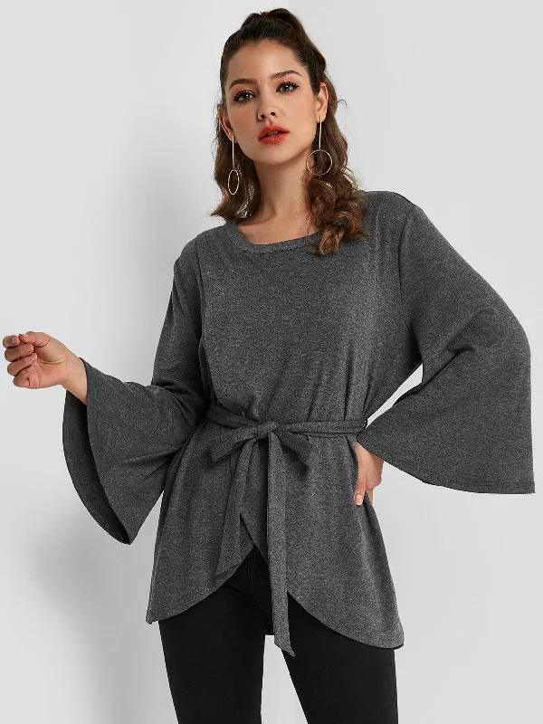 Custom Round Neck Self-Tie Long Sleeve Grey Top