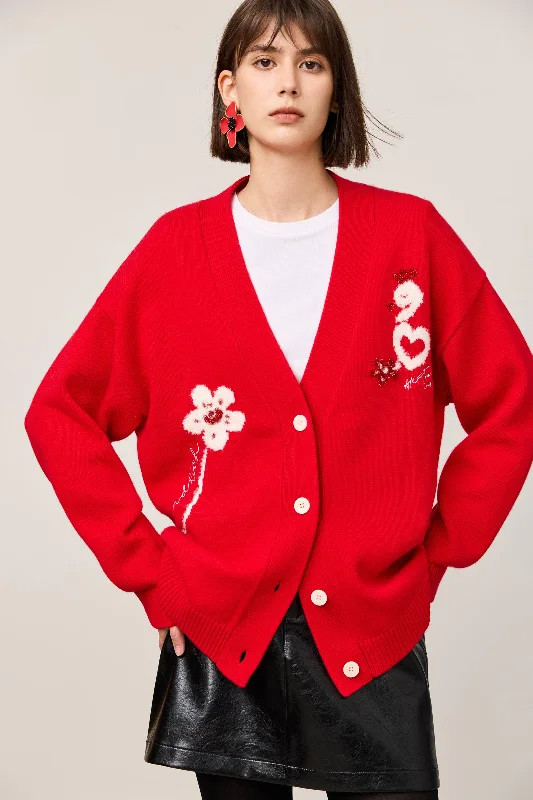 LILY New Year Snake Zodiac Red V-Neck Cardigan