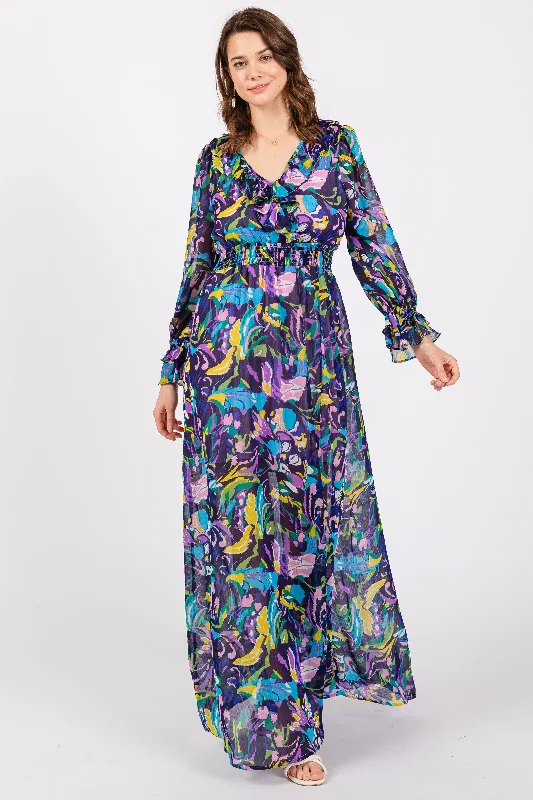 Purple Print Ruffle Long Sleeve Maxi Dress