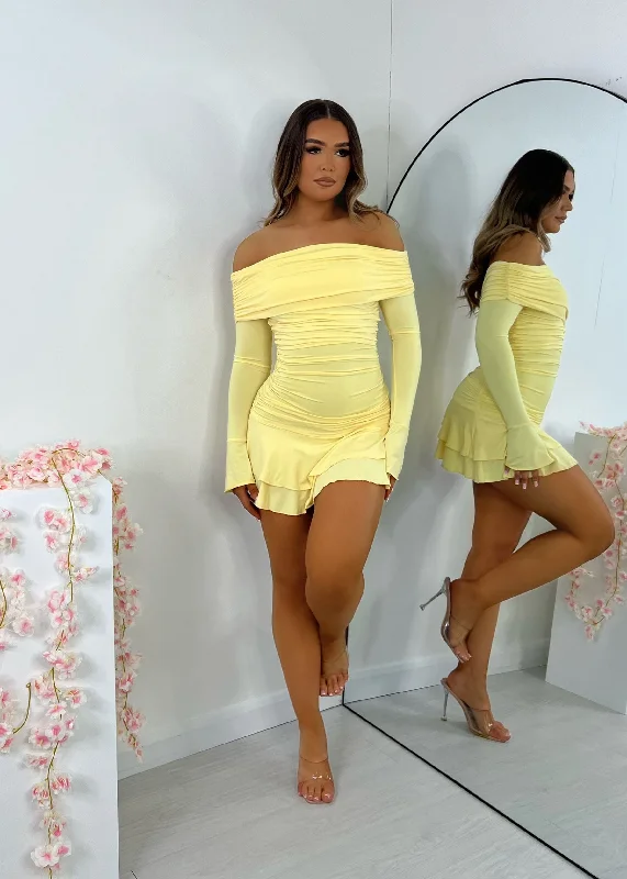 Sweet Talk Bardot Long Sleeve Mini Dress - Yellow