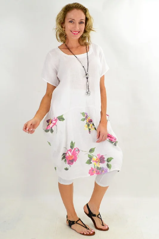 White Hibiscus Short Sleeve Linen Tunic Dress