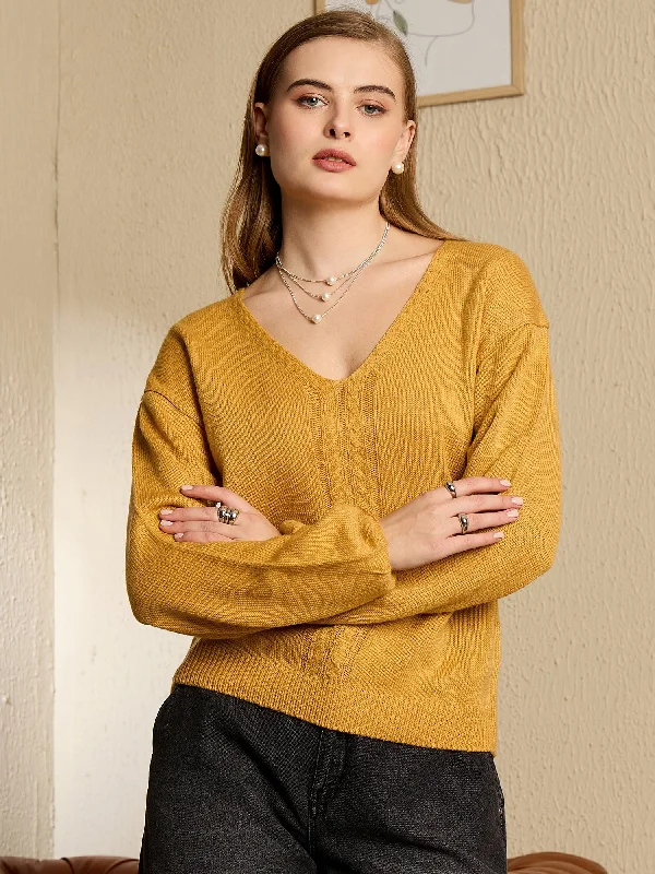 Berrylush Women Yellow Solid V-Neck Full Sleeve Knitted Regular Sweater