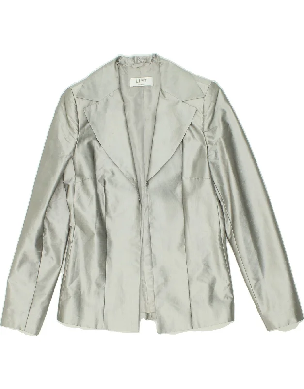 VINTAGE Womens Open Blazer Jacket IT 42 Medium Silver Silk