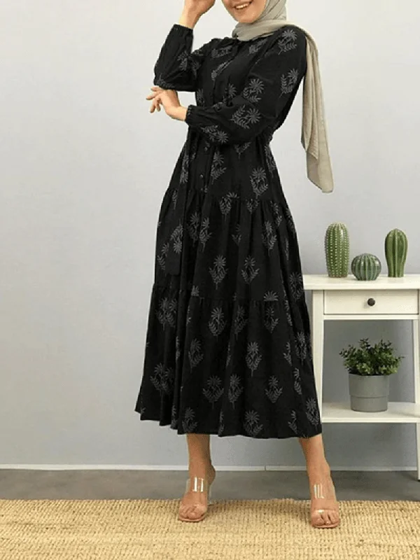 Women Floral Print Lapel Puff Sleeve Kaftan Maxi Dress with Belted