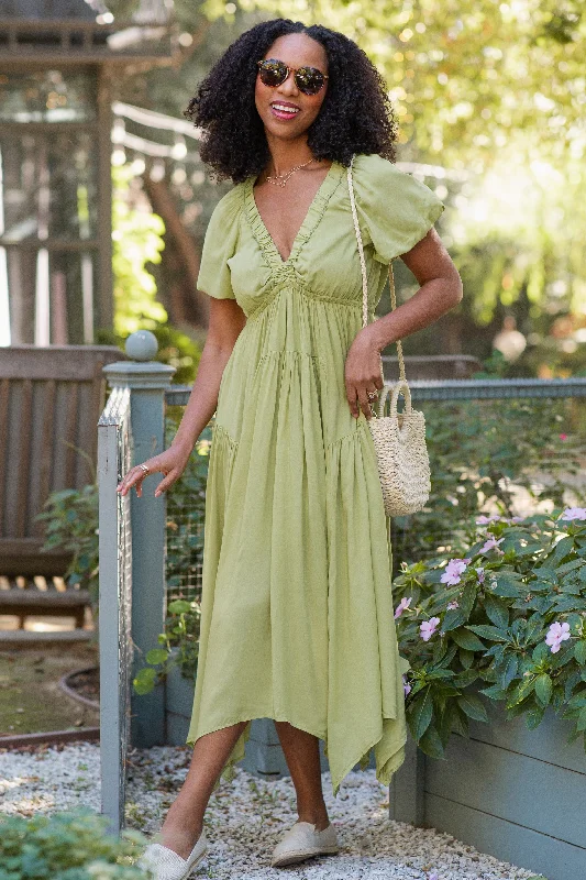 Light Olive Deep V-Neck Puff Short Sleeve Asymmetrical Hem Midi Dress