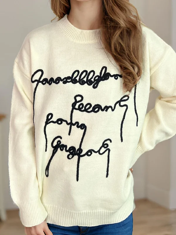 Letter Contrast Round Neck Dropped Shoulder Sweater