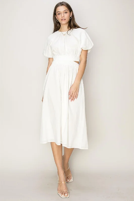 Off White Bubble Sleeve Midi Dress