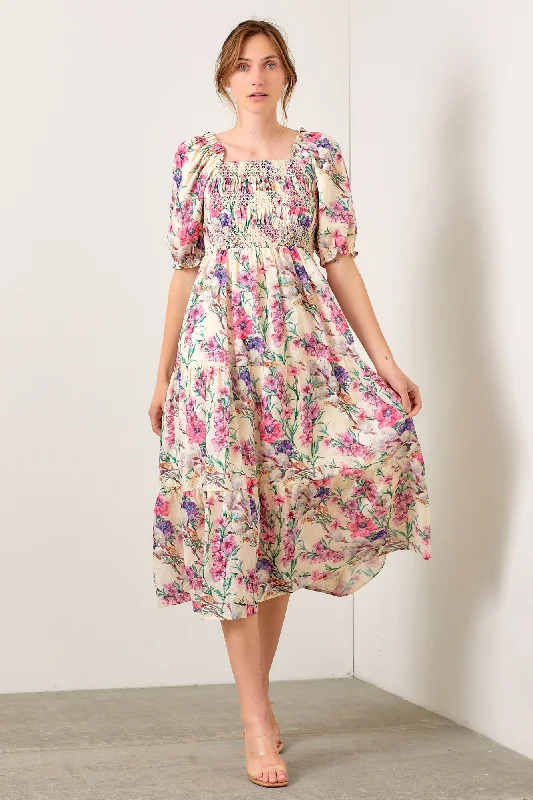 Cream Floral Puff Sleeve Smocked Midi Dress