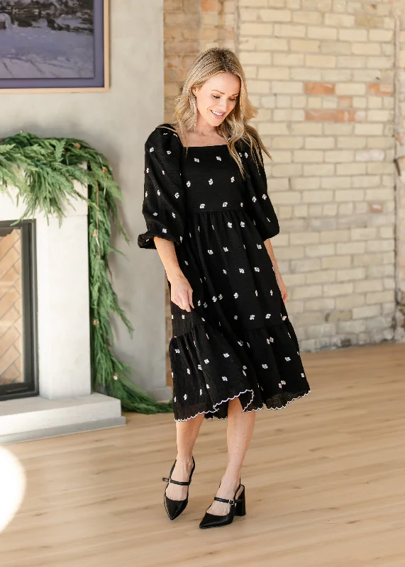 Embroidered Floral Black Midi Dress