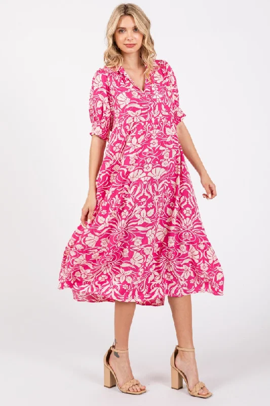 Fuchsia Floral V-Neck Tiered Midi Dress