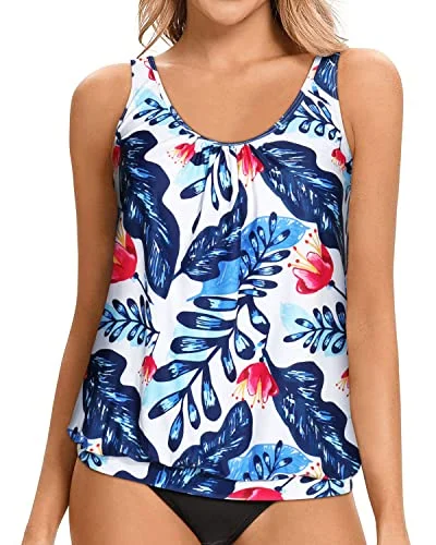 Athletic Style Women's Tank Top For Beach And Pool Parties-White And Blue Floral