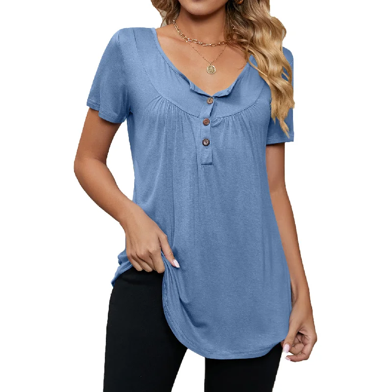 Shrink Button Solid Color Short-Sleeved T-Shirts Wholesale Womens Tops