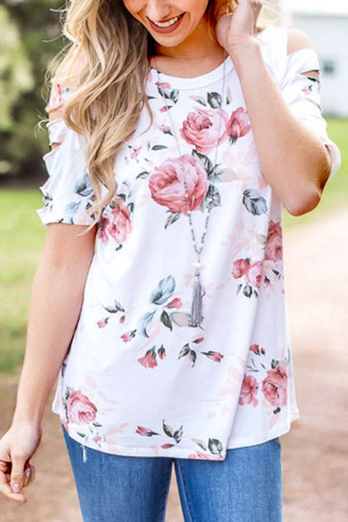 Custom Round Neck Floral Print Cut Out Short Sleeve White T-Shirts