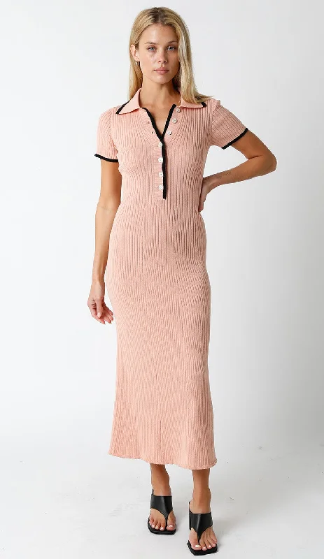 Peach Ribbed Knit Collared Button Front Dress