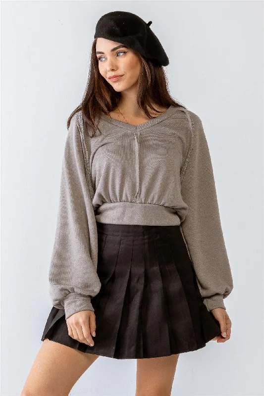 Grey Inside-Out Detail Balloon Long Sleeve Crop Top