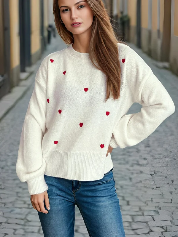 Heart Round Neck Long Sleeve Sweater