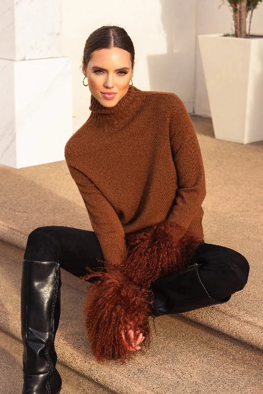 Hibernate Removable Mongolian Wool Cuff Turtleneck Sweater in Brown