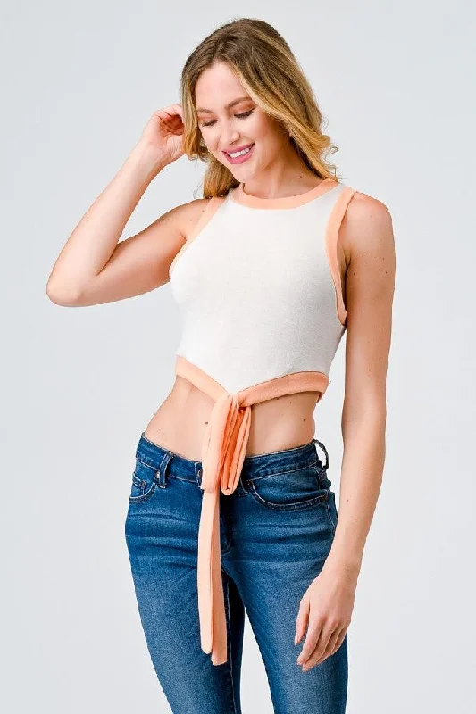 Ivory & Peach Sleeveless Tie Hem Crop Tank Top /1-2-2-1