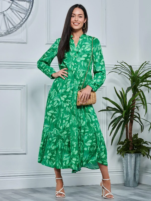 Long Sleeve Holiday Maxi Shirt Dress, Green Abstract