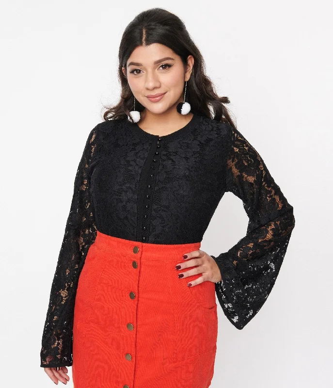 Black Floral Lace Bell Sleeve Cardigan