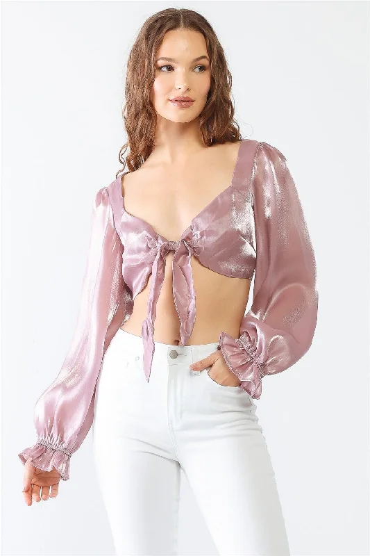 Mauve Shiny Organza Heart Shape Neck Puff Balloon Long Sleeve Back Criss-Cross Crop Top /1-2-2-1