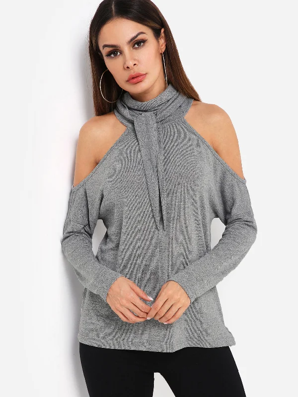 Custom Plain Long Sleeve Cold Shoulder Grey Top