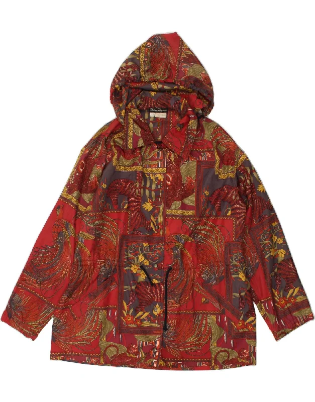 SALVATORE FERRAGAMO Womens Hooded Rain Jacket One Size Red Animal Print