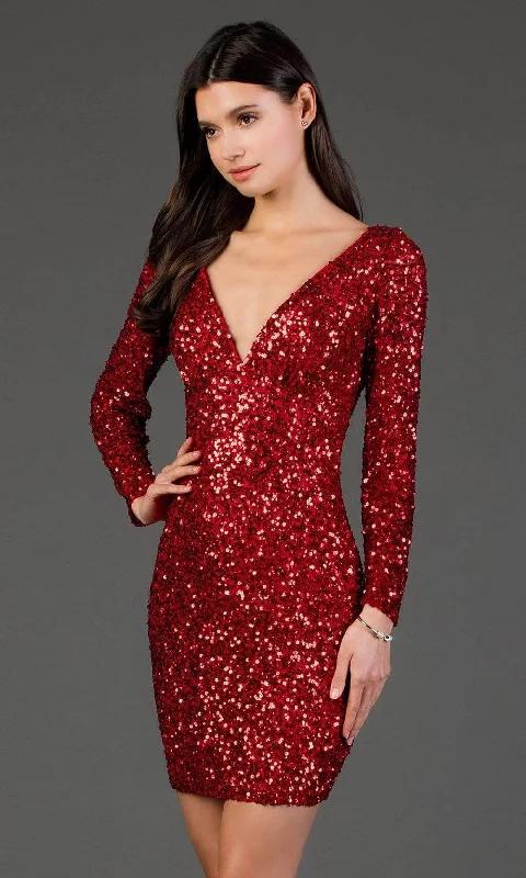 SCALA - 60036 Fully Sequin V Neck Fitted Cocktail Dress